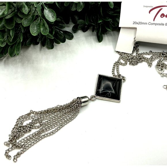 Composite Black Howlite Tassel Pendant Necklace Silver Chain by Toni - Picture 3 of 5